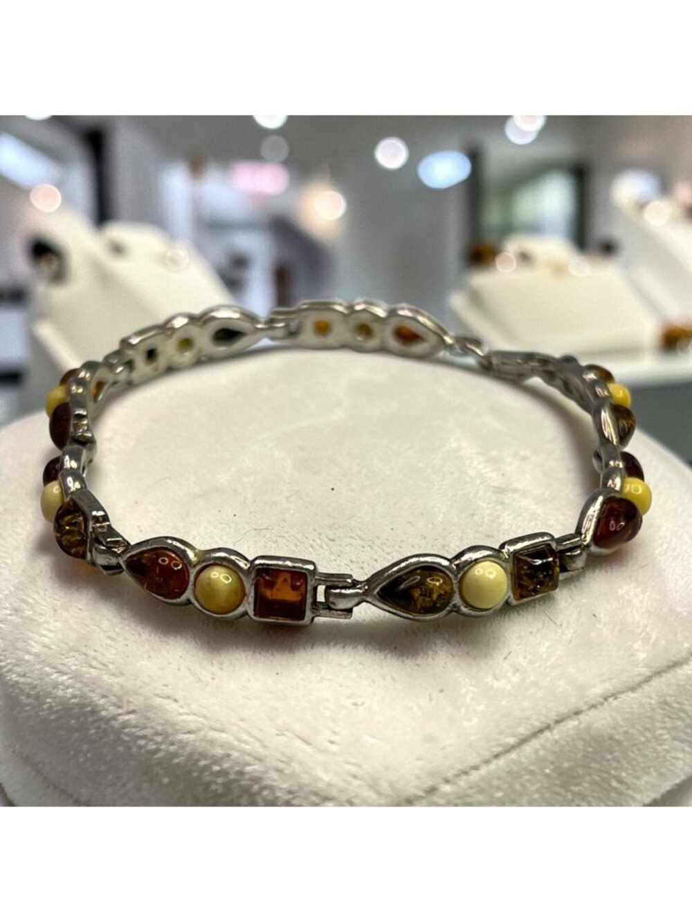 Amber & Sterling Silver 7" Multi-Color Bracelet With Teardrop & Square Design